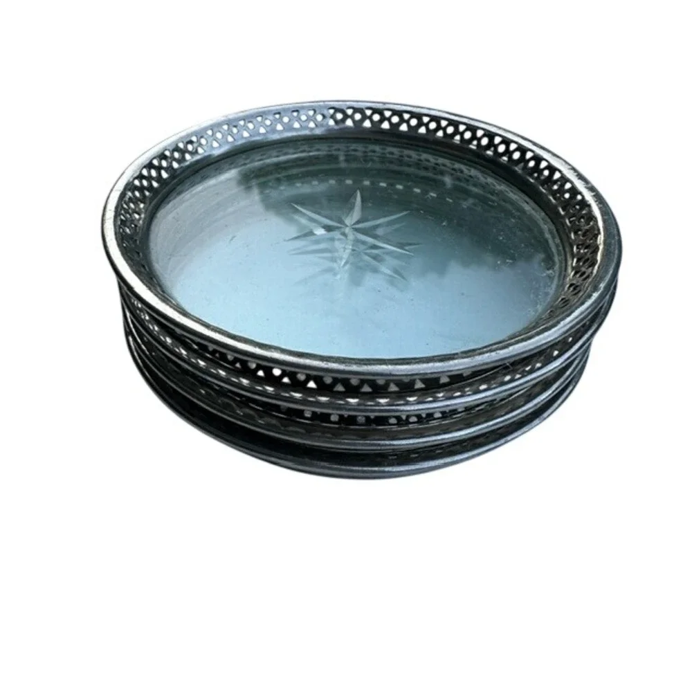 Vintage Glass Coasters Set 4 Starburst Etched Silver Rim Pierced Gallery 4in
